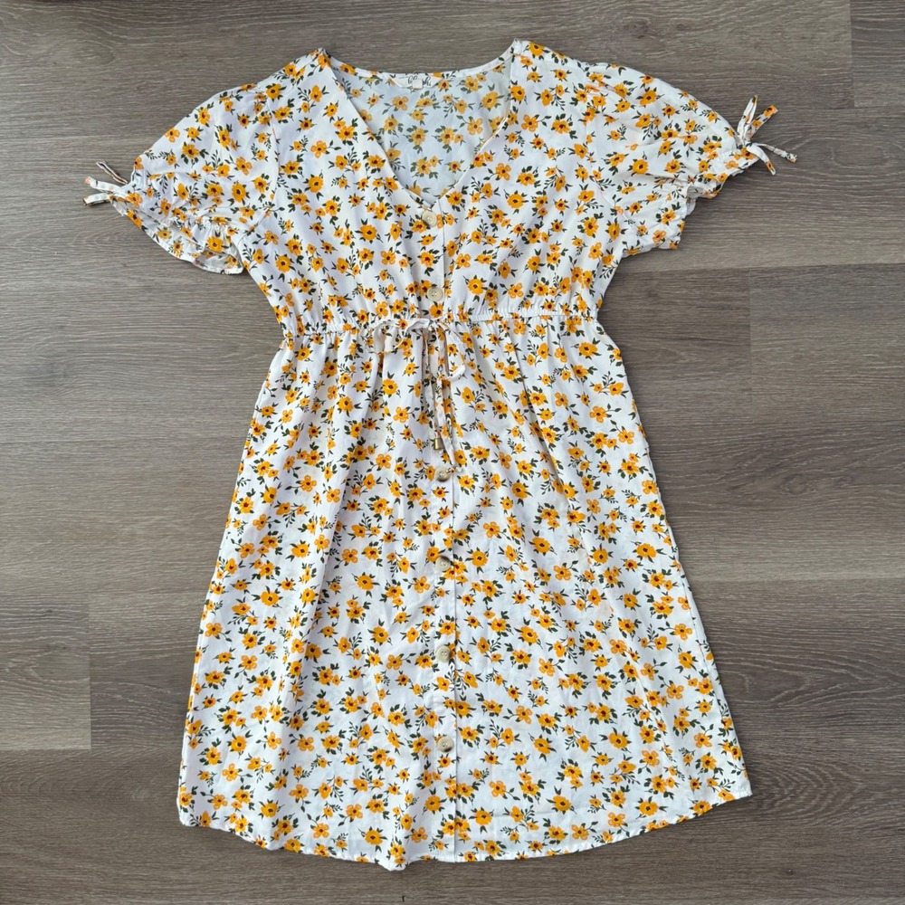 Hint of Blush Floral Dress Women Large White Yellow Mini Button Front Boho Tie